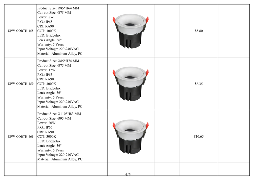 Fiche technique Upward COBTH 458-461